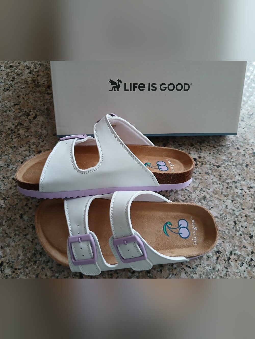 Life Is Good Kids' White Sandals with Lavender Buckles and Trim